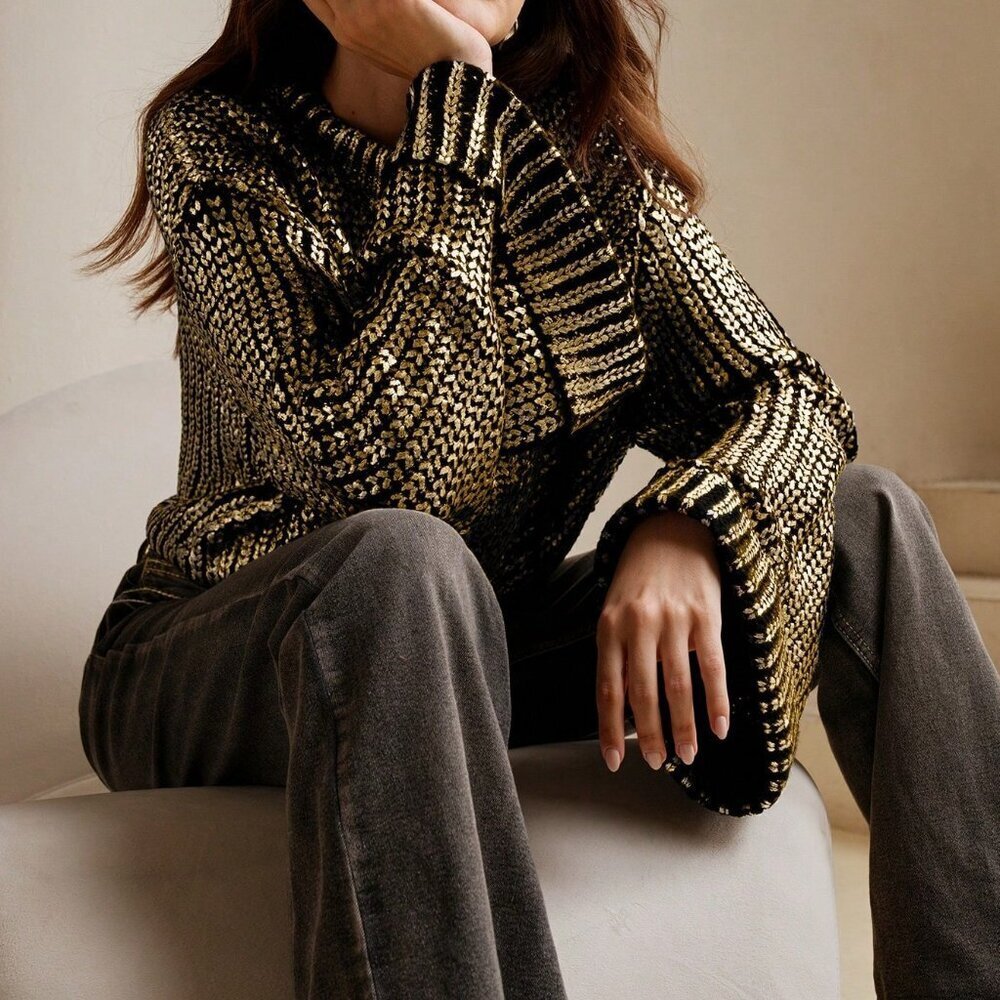 Gold Casual Women's Gradient Silver Foil Knit Jumper Christmas - Picture 3 of 7